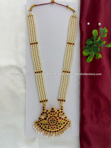 Bharatanatyam long haram with red, green and clear stones BLN-003