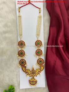 Bharatanatyam long haram with red, green and clear stones BLN-033