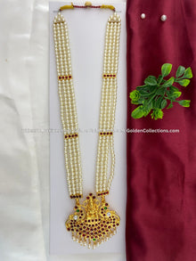 Bharatanatyam long haram with red, green and clear stones with white pearls BLN-001