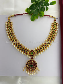 Bharatanatyam short necklace with red, green and clear stones with white pearl drops BSN-001