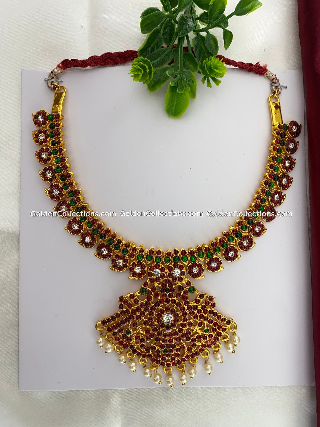 Bharatanatyam short necklace with red, green and clear stones with white pearl drops BSN-020