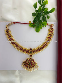 Bharatanatyam short necklace with red, green and clear stones with white pearl drops BSN-003