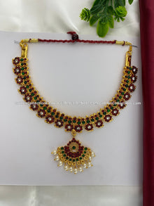 Bharatanatyam short necklace with red, green and clear stones with white pearl drops BSN-029
