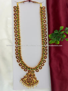 Bharatanatyam long haram with red, green and clear stones BLN-007