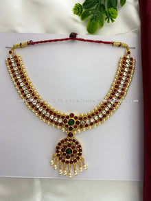 Bharatanatyam short necklace with red, green and clear stones with white pearl drops BSN-007