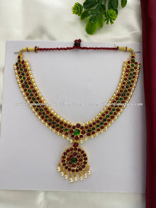 Bharatanatyam short necklace with red, green and clear stones BSN-031