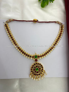 Bharatanatyam short necklace with red, green and clear stones with white pearl drops BSN-036