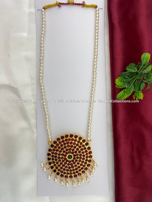 Bharatanatyam long haram with red, green and clear stones BLN-014