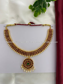 Bharatanatyam short necklace with red, green and clear stones BSN-014