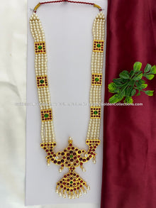 Bharatanatyam long haram with red, green and clear stones BLN-015