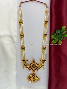 Bharatanatyam long haram with red, green and clear stones BLN-019