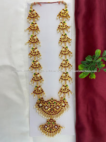 Bharatanatyam long haram with red, green and clear stones BLN-008
