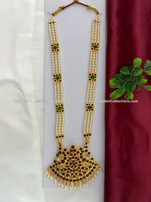 Bharatanatyam long haram with red, green and clear stones with white pearls BLN-013