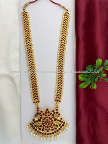 Bharatanatyam long haram with red, green and clear stones with white pearls BLN-006