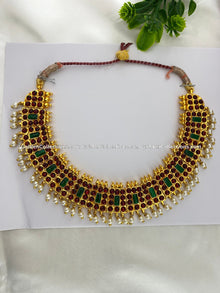 Bharatanatyam short necklace with red, green and clear stones with white pearl drops BSN-013