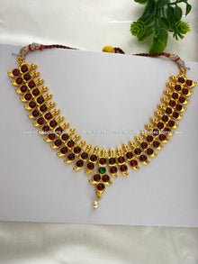 Bharatanatyam short necklace with red, green and clear stones with white pearl drop BSN-006