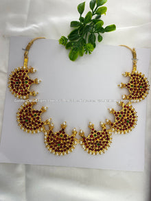 Bharatanatyam short necklace with red, green and clear stones with white pearl drops BSN-030
