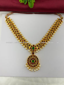 Bharatanatyam short necklace with red, green and clear stones with white pearl drops BSN-033