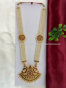 Bharatanatyam long haram with red, green and clear stones with white pearls BLN-009
