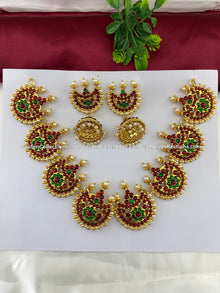 Bharatanatyam short necklace with red, green and clear stones with white pearl drops, shown with matching earrings BSN-009