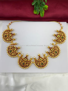 Bharatanatyam short necklace with red, green and clear stones with white pearl drops BSN-028