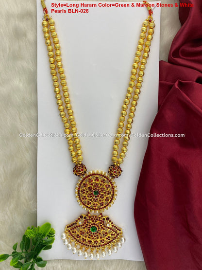 Bharatanatyam long haram BLN-026 with kemp-style pendant red green clear stones