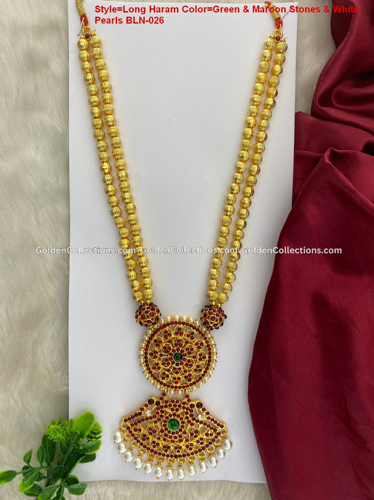 Bharatanatyam long haram BLN-026 with kemp-style pendant red green clear stones