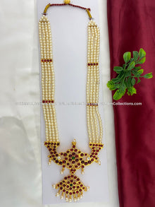 Bharatanatyam long haram with red, green and clear stones with white pearls BLN-016