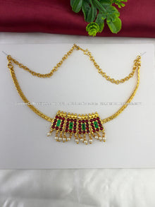 Bharatanatyam short necklace with red, green and clear stones with white pearl drops BSN-023