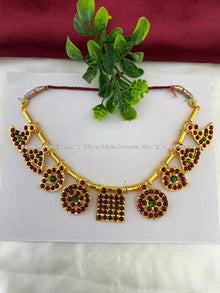 Bharatanatyam short necklace with red, green and clear stones with white pearl drops BSN-016