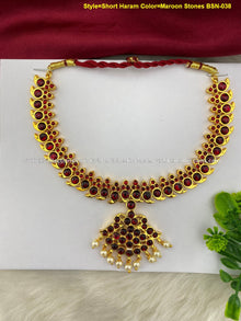 Bharatanatyam short necklace with red, green and clear stones with white pearl drops BSN-038