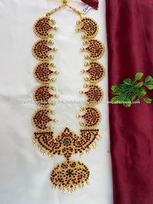 Bharatanatyam long haram with red, green and clear stones with white pearls BLN-017