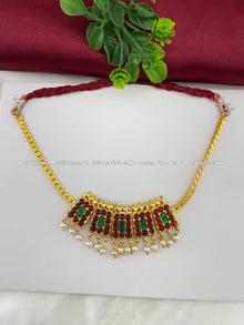 Bharatanatyam short necklace with red, green and clear stones with white pearl drops BSN-017
