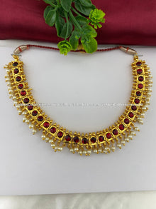 Bharatanatyam short necklace with red, green and clear stones with white pearl drops BSN-025