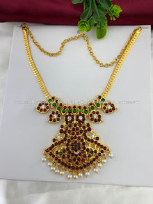 Bharatanatyam short necklace with red, green and clear stones with white pearl drops BSN-011