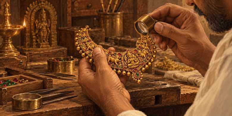 Illustration of an artisan inspecting traditional jewellery